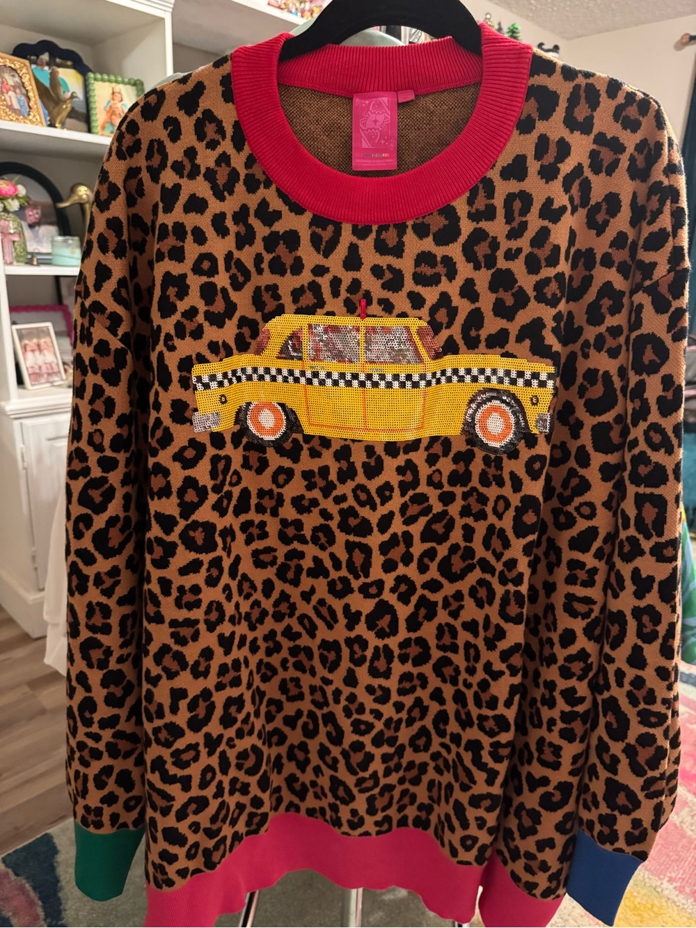 QUEEN OF SPARKLES Leopard Crew Sweater with Yellow Taxi Graphic